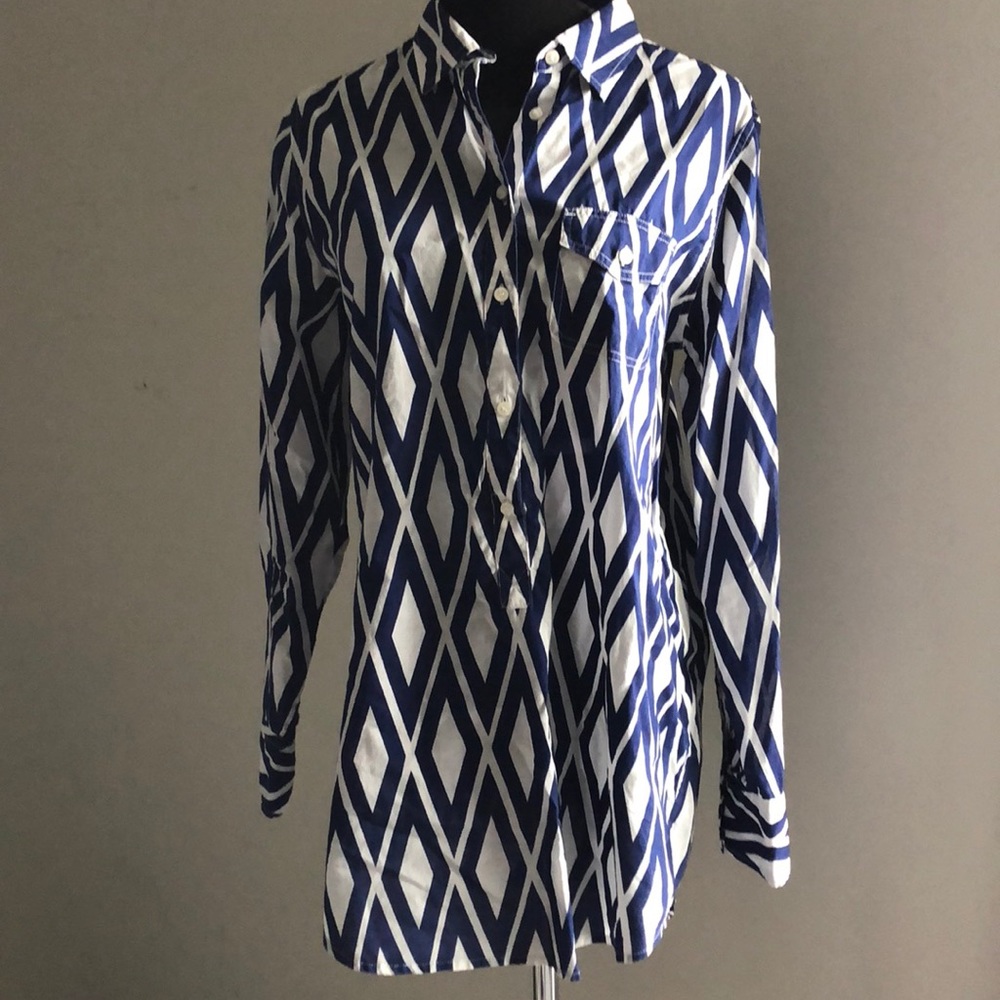 J Crew Blue & White Geometric Design Tunic Top